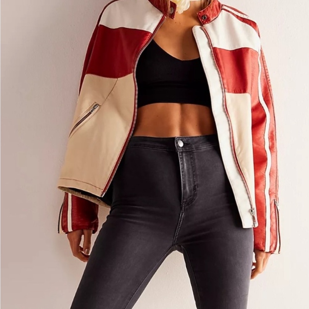 NWT We The Free Red and Cream Leather Jacket